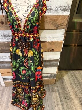 SHEIN Black Maxi Dress with Red, Green & Yellow Floral Print